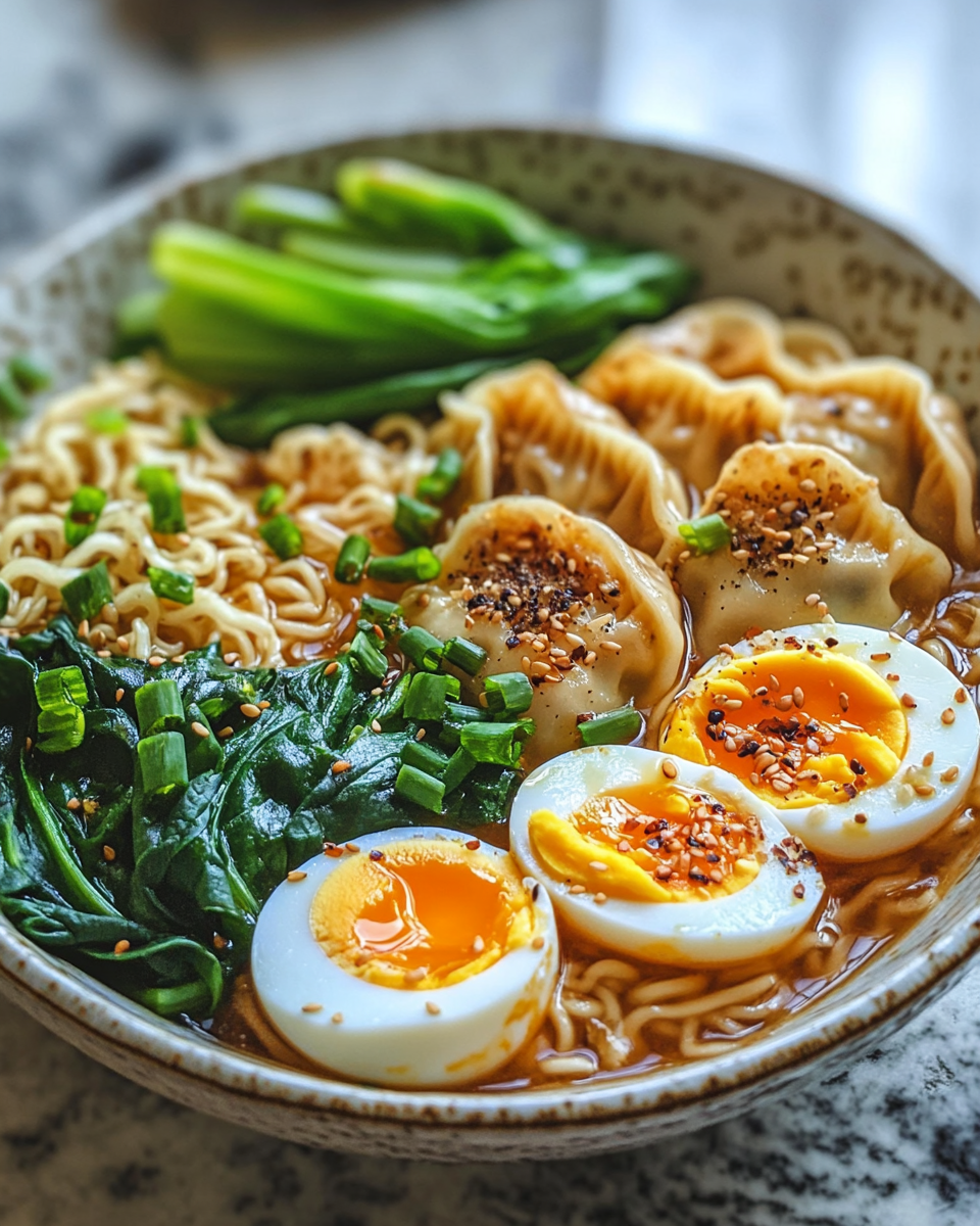Epic Savory Dumpling Ramen Bowl with Soft Boiled Eggs and Fresh Greens Bold Umami Explosion